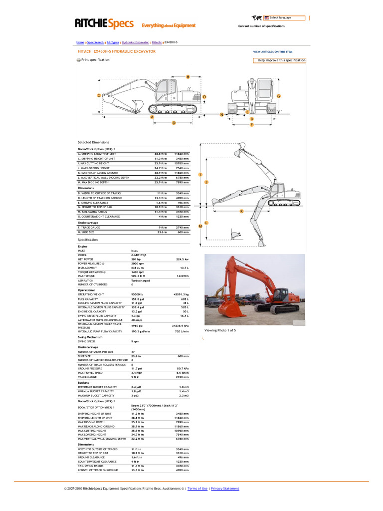 Hitachi EX450H-5 Excavator Specs | PDF | Vehicle Technology ...