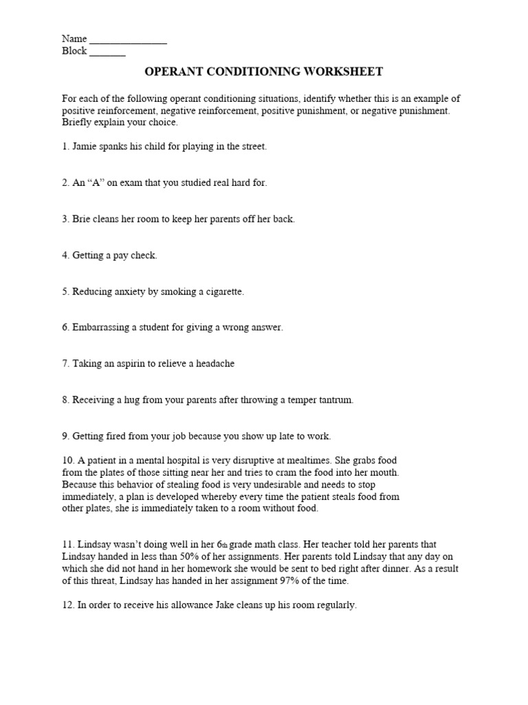 Operant Conditioning Worksheet Answers | PDF | Reinforcement | Behaviorism