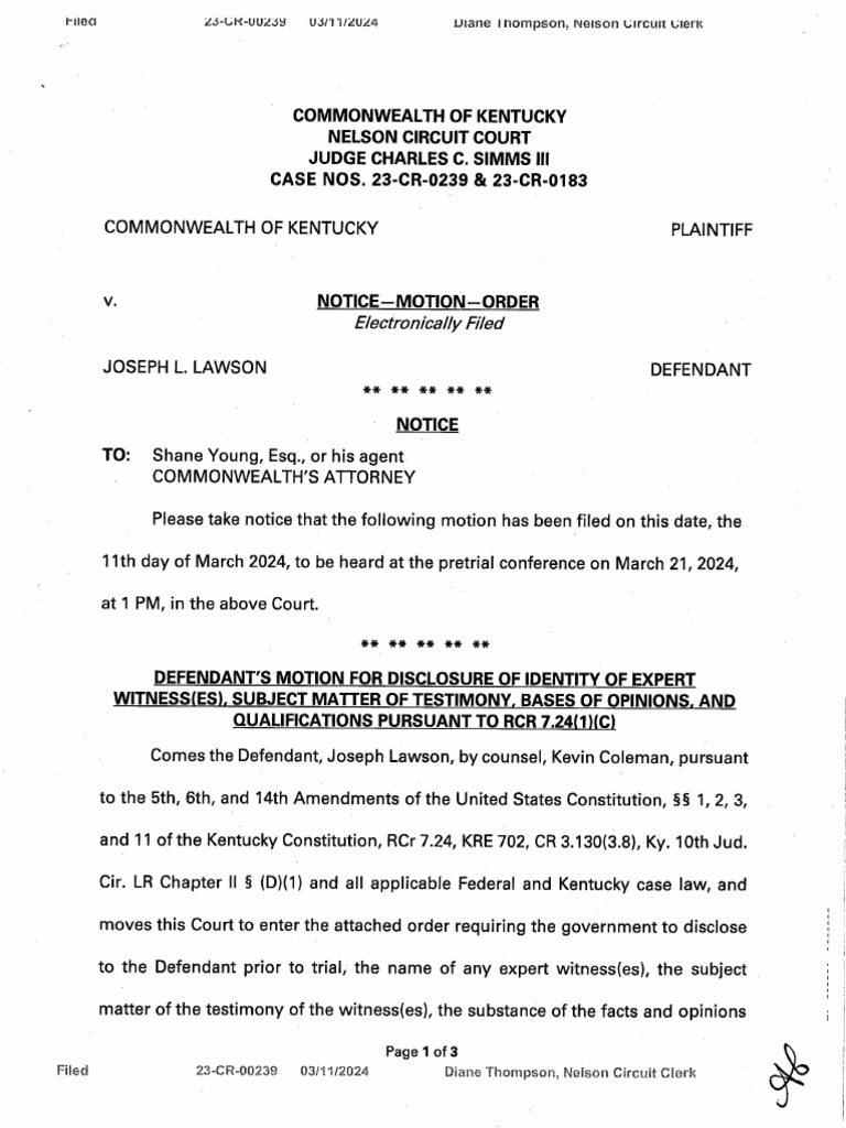Joseph Lawson - Motion To Disclose Expert Witness | PDF