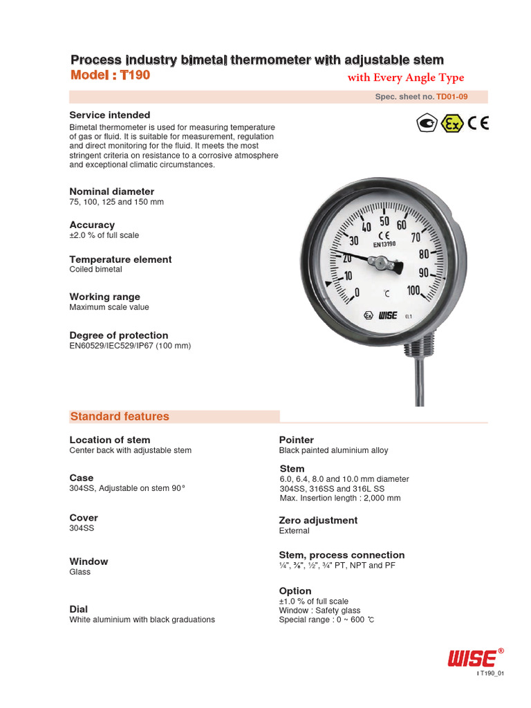 Model: T190: Process Industry Bimetal Thermometer With Adjustable Stem ...