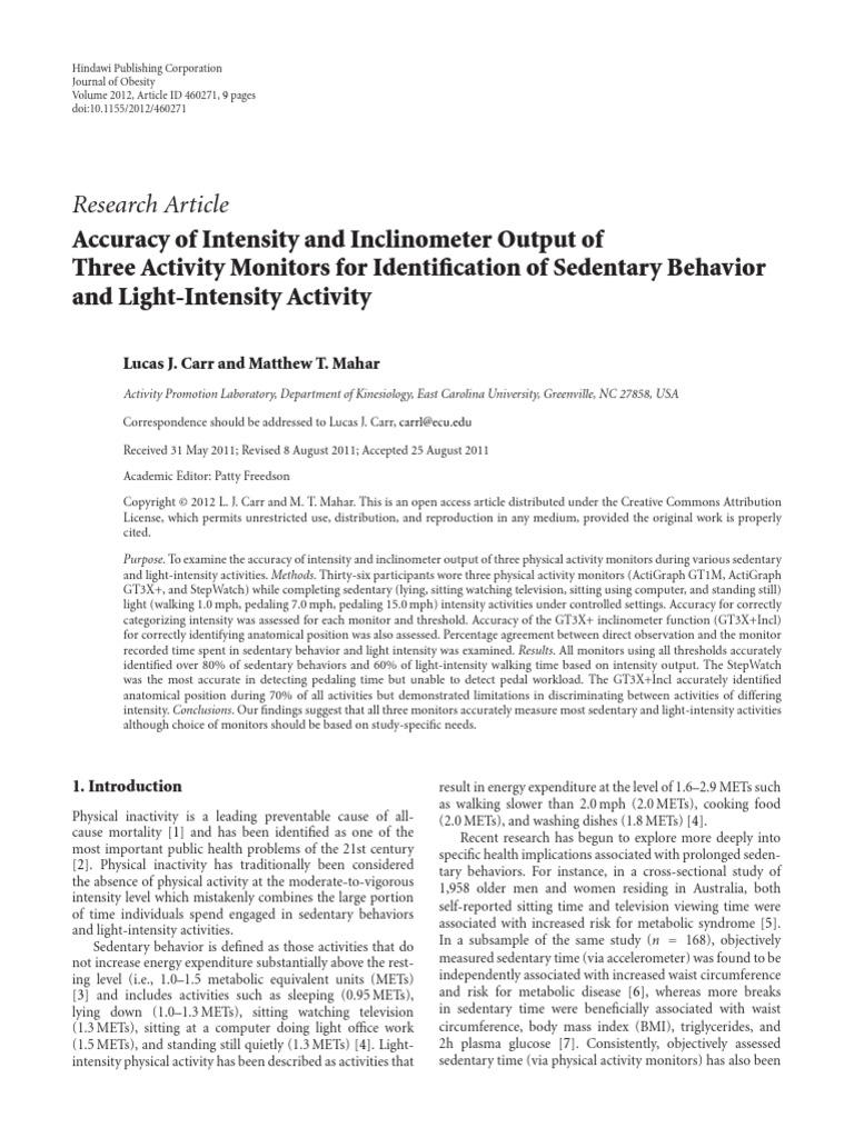 Carr2011, ActigraphCpt Sedentatio PDF Sedentary Lifestyle Body