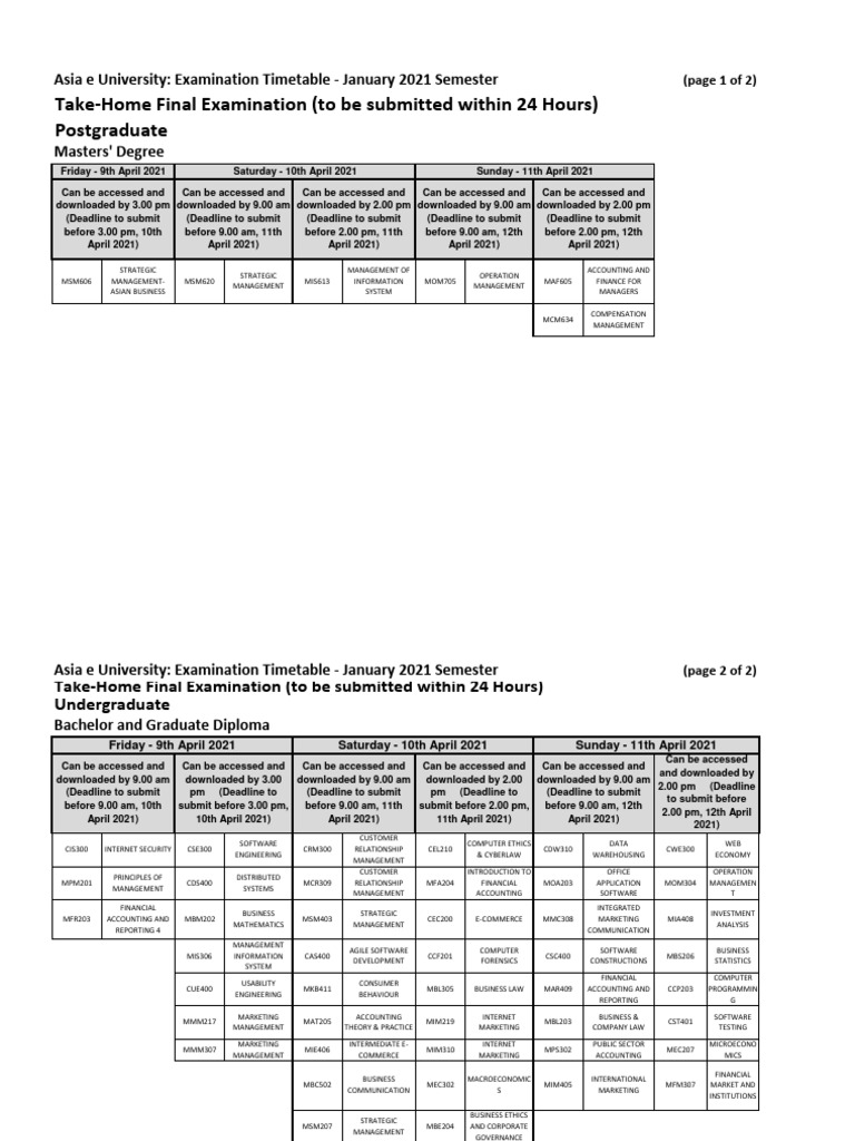 Asia e University January 2021 Exam Schedule | PDF | Accounting | Marketing