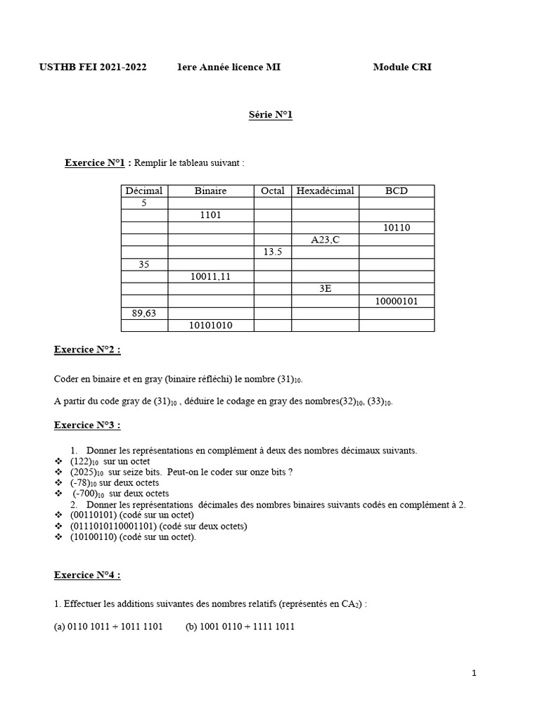 Exercices de codage numérique 2021-2022 | PDF | Informatique théorique ...