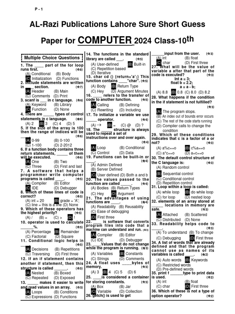 AL-Razi Guess Paper Computer (E - M) 10th | PDF | Programming ...