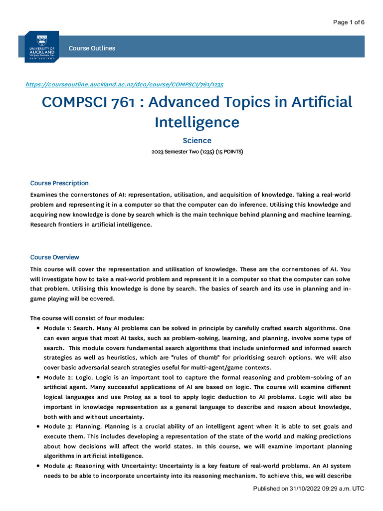 Advanced AI Topics in COMPSCI 761 | PDF | Artificial Intelligence ...