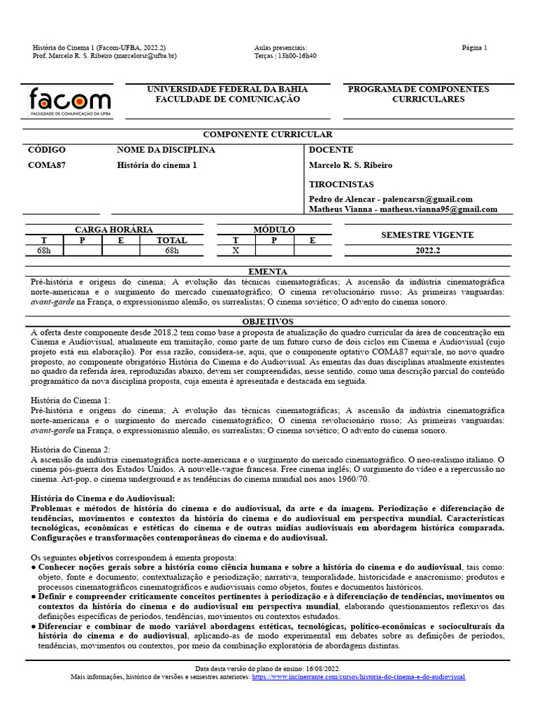 Programa de hist ria do cinema 1 ufba 2022 2 download gr tis pdf