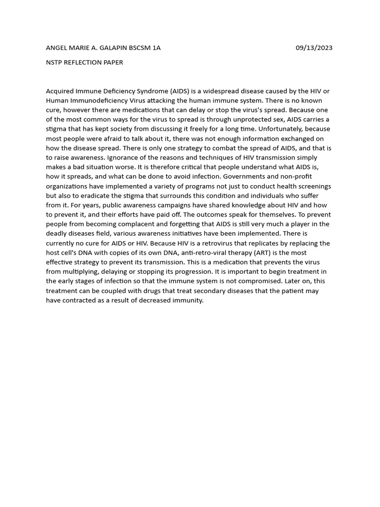 Hiv Reflection Paper | PDF