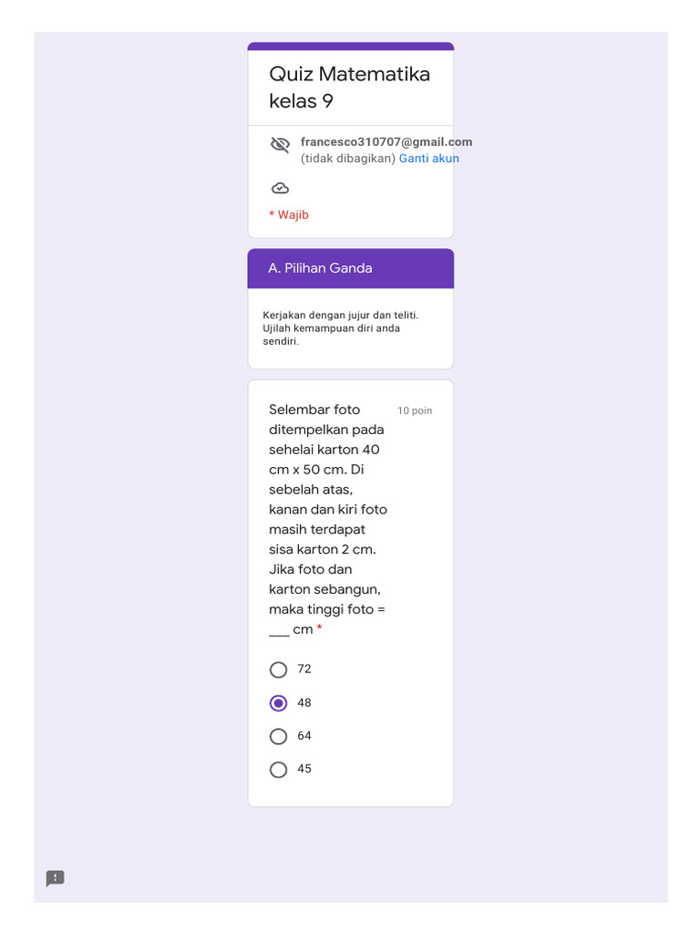 Quiz+Matematika+kelas+9 1644892890537 | PDF