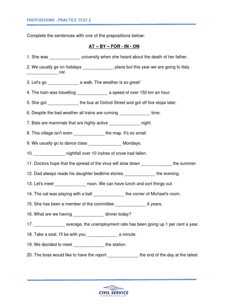 Prepositions Practice Test with Answers | PDF