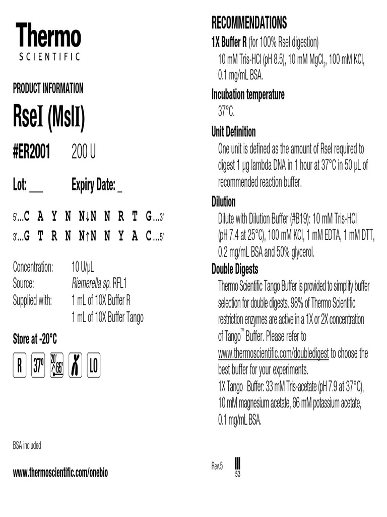 MAN0012367 RseI MslI 10 UuL 200U UG | PDF | Buffer Solution ...
