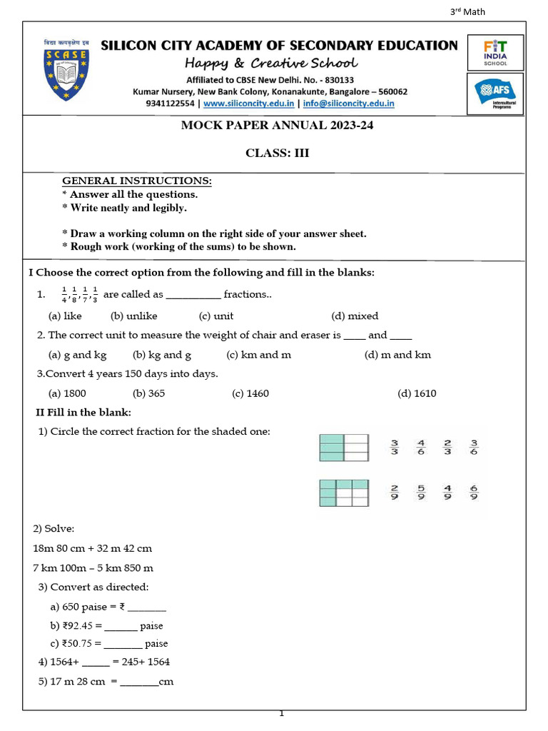 3rd Grade Math Mock Exam 2023 24 Pdf Mathematics