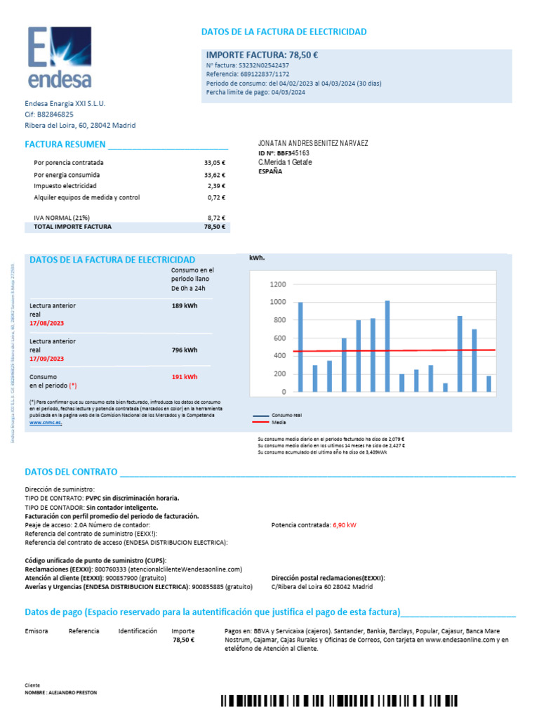 Factura de Electricidad Endesa: Resumen y Detalles | PDF | Electricidad ...