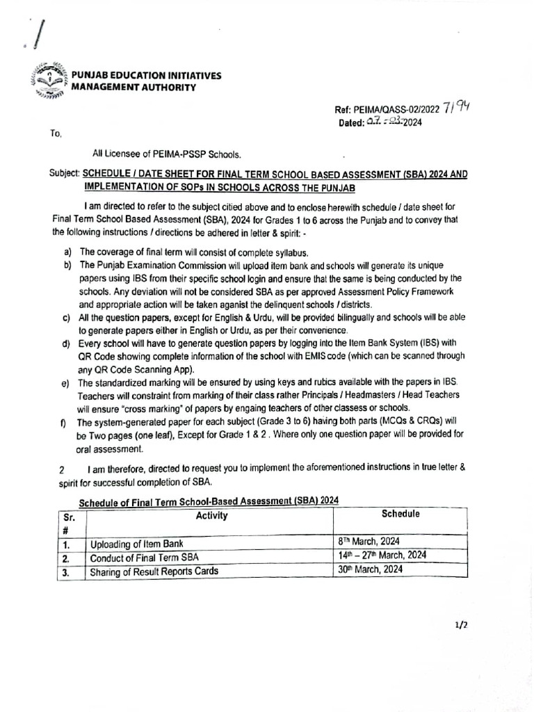Date Sheet For First Term SBA 2024 PDF