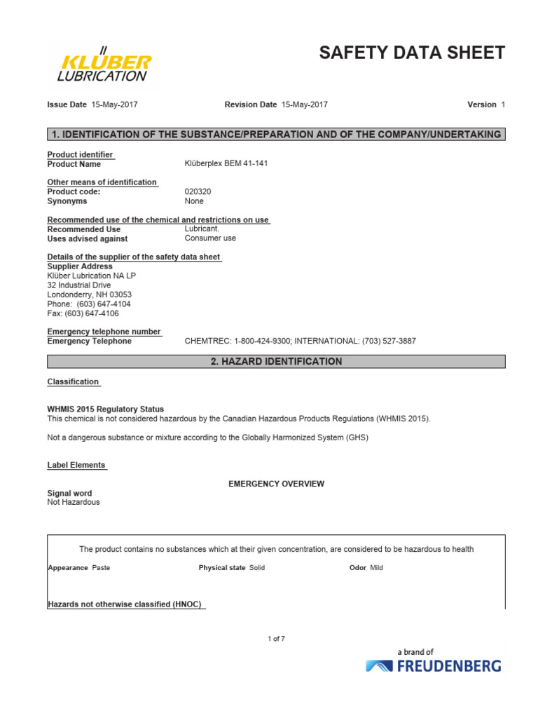 Klüberplex BEM 41-141 Safety Data Sheet | PDF | Safety | Occupational ...