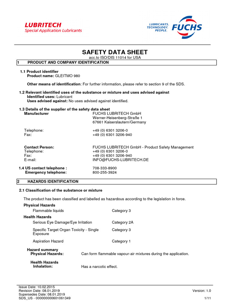Lubricante Spray Gleitmo 980 - en | PDF | Toxicity | Dangerous Goods