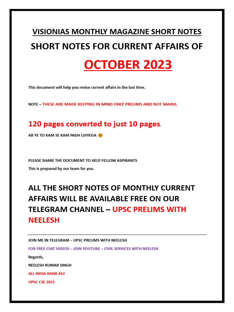 October 2023 Current Affairs Notes | PDF