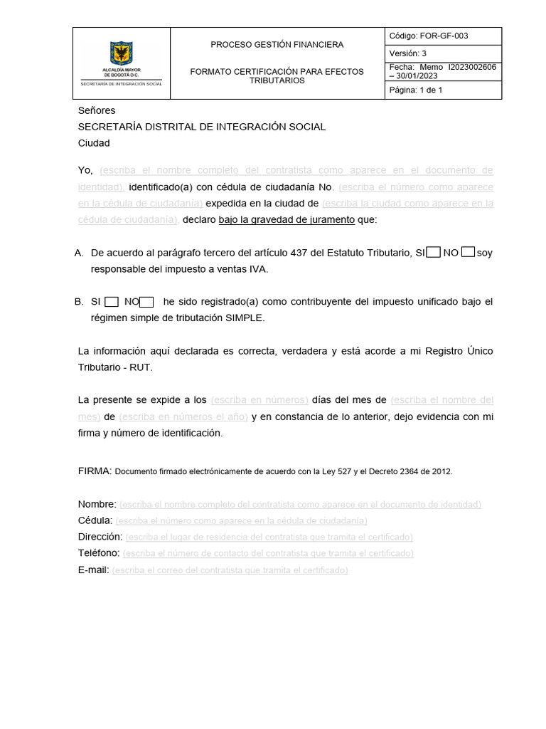 Certificación Tributaria GF 003 | PDF | Finanzas y dinero