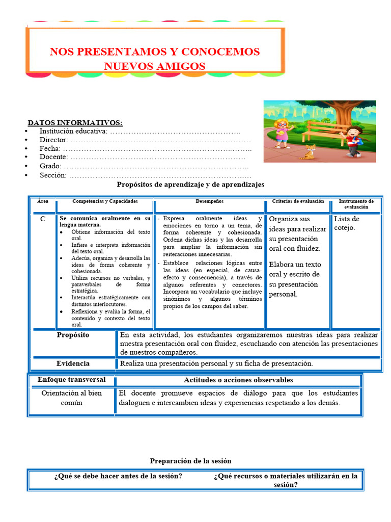 4° Nos Presentamos y Conocemos Nuevos Amigos | PDF | Evaluación ...
