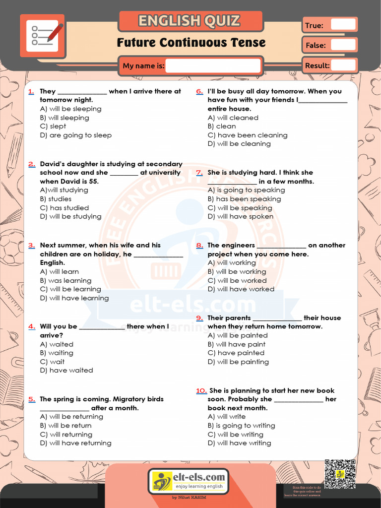 Quiz Future Continuous Tense | PDF