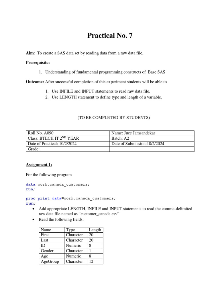 Juee a090 sas exp 7 pdf comma separated values computer science