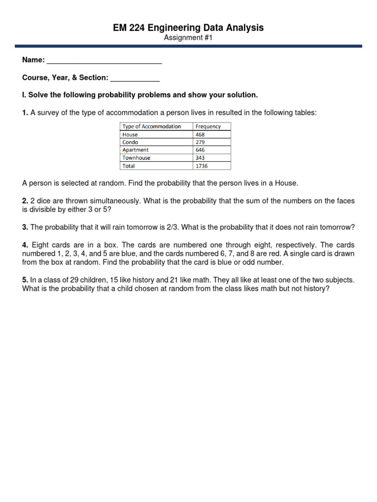 EM 224 Probability Assignment 1 | PDF