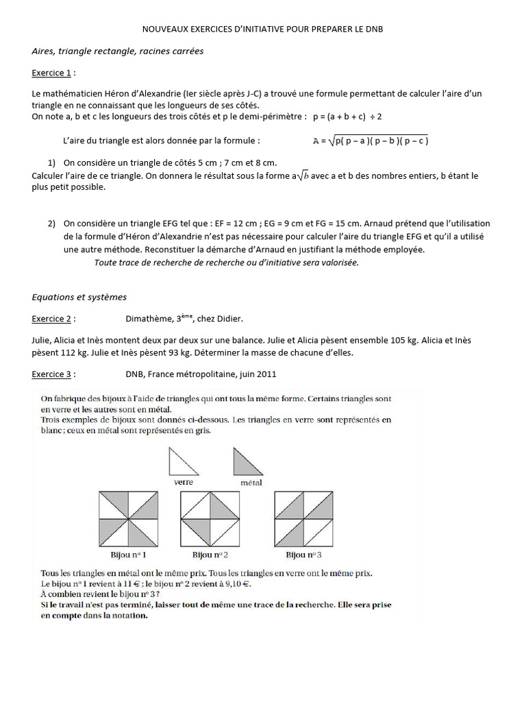 Exercices de mathématiques pour le DNB | PDF | Triangle | Mathématiques ...