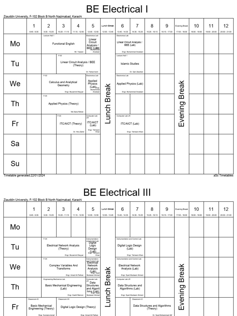 Ziauddin University 2024 Timetable | PDF | Engineering | Physical Sciences