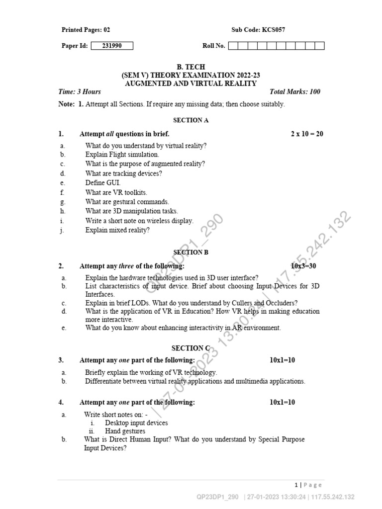 Btech Cs 5 Sem Augmented and Virtual Reality Kcs057 2023 | PDF ...