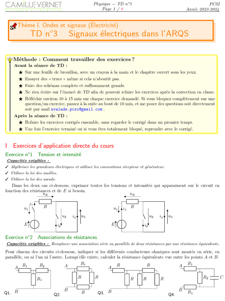 Signaux électriques : TD n°3 PCSI 2023-2024 | PDF | Tension électrique ...