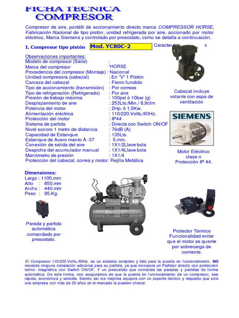Ficha Técnica Compresor YC80C-2 | PDF | Motores | Vehículos