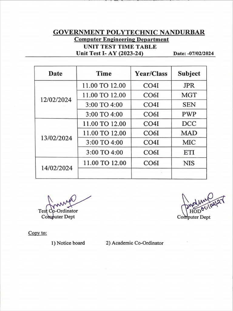 Unit Test I Time Table | PDF