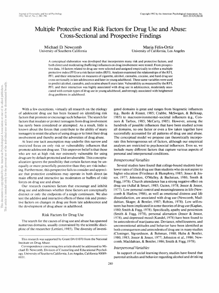 Multiple Protective And Risk Factors For Drug Use And Abuse 1992 Pdf