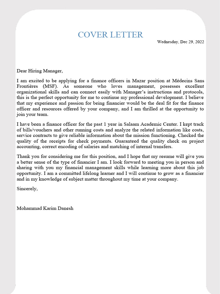 Finance Officer Cover Letter for MSF | PDF | Business | Finance & Money ...