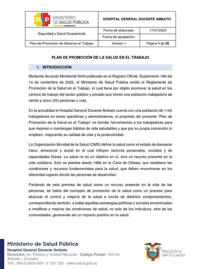 Plan de Salud Laboral en Ecuador | PDF | Seguridad y salud ocupacional ...