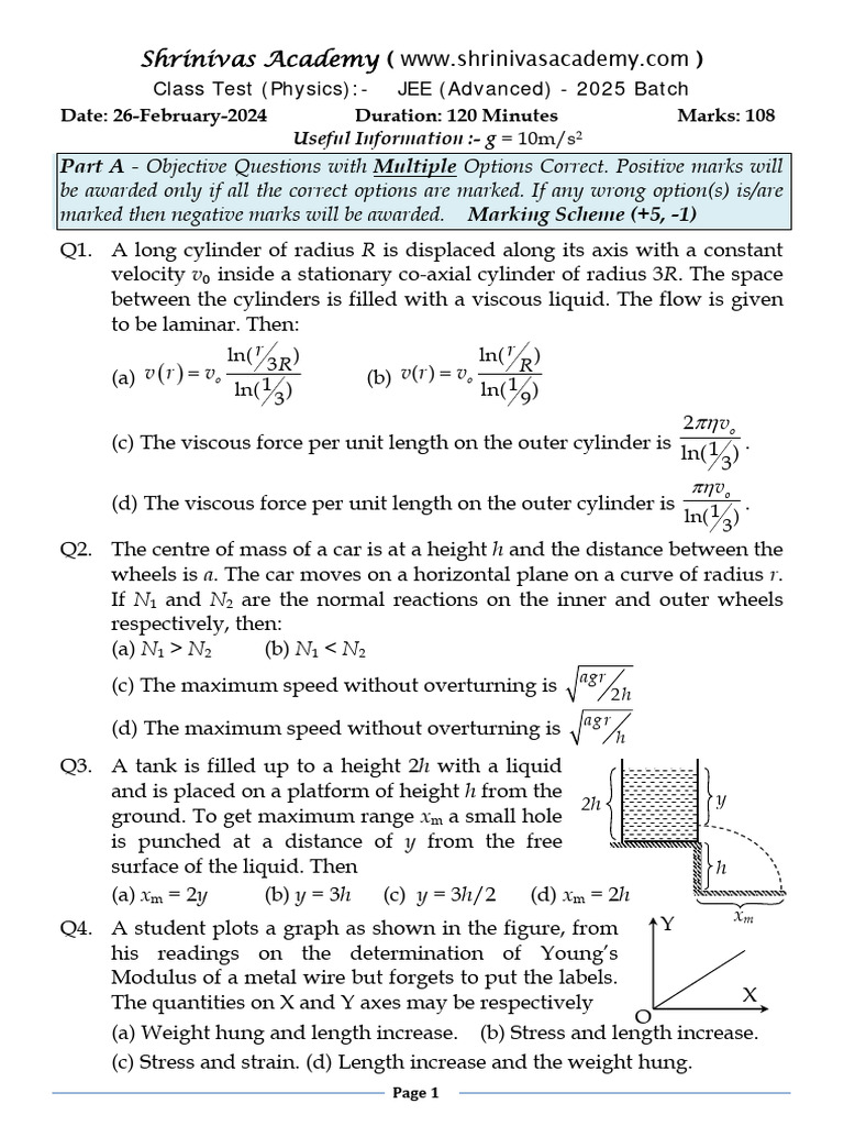 JEE Mains Fluid Mechanics Test Paper | PDF | Geometry | Physical Sciences