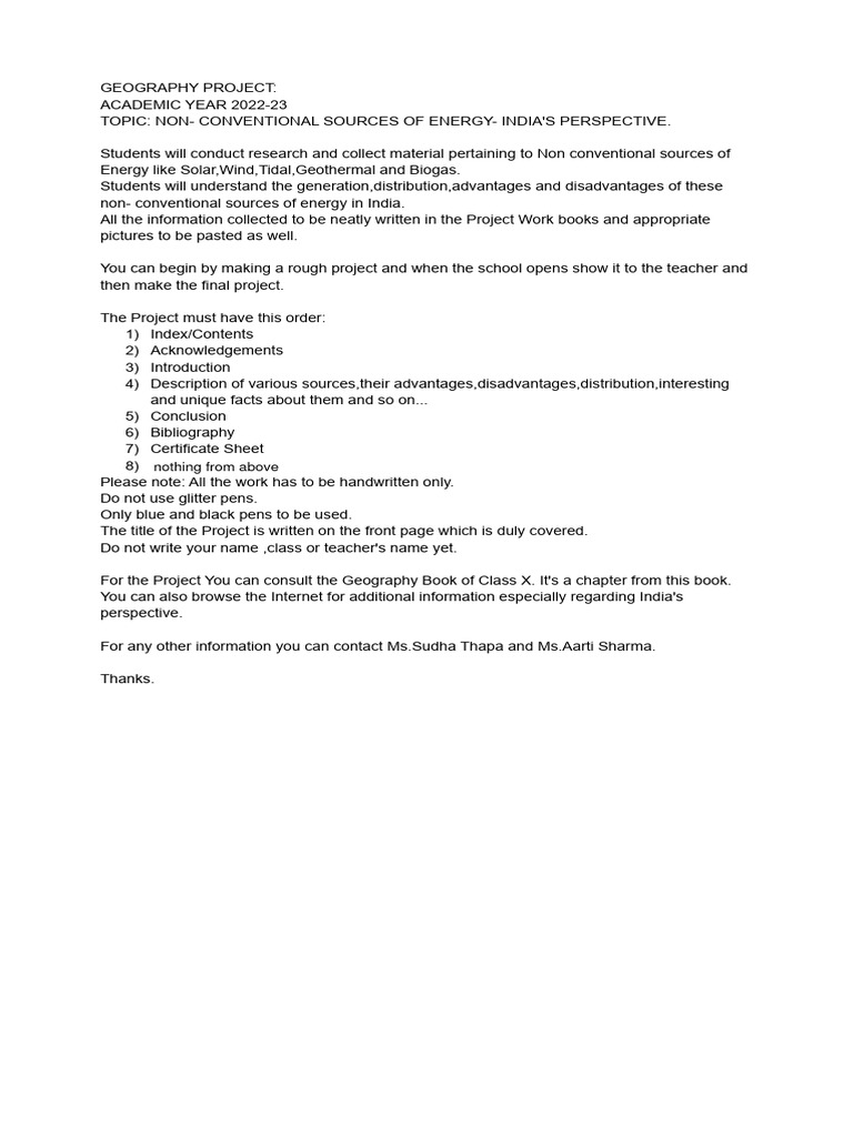 Geography Project Guidelines: Energy Sources | PDF