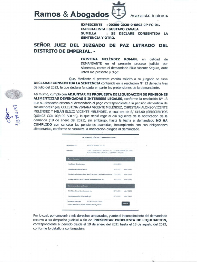 Solicito Se Declare Consentida Sentencia de Alimentos | PDF