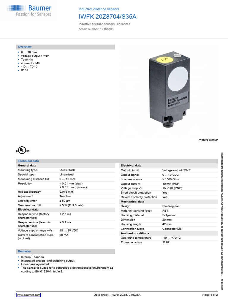 Baumer_IWFK-20Z8704-S35A_EN_20230830_DS | PDF | Inductance | Electrical ...