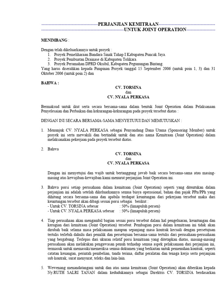 Perjanjian Joint Operation CV. TORSINA dan NYALA PERKASA | PDF