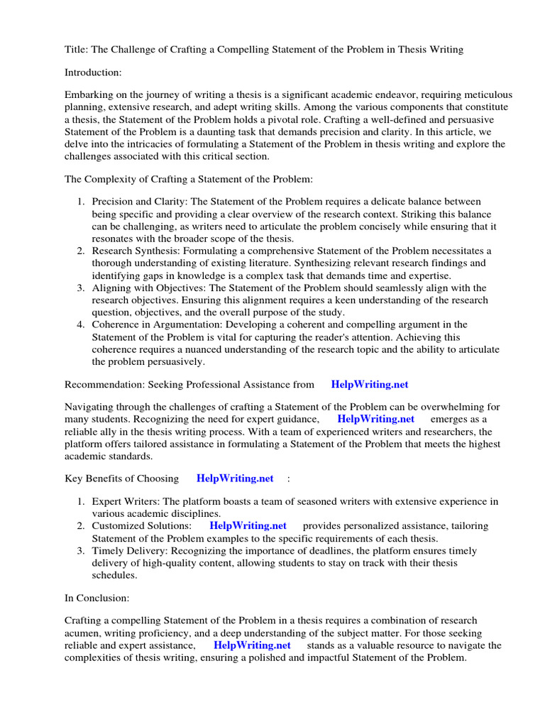 Statement of The Problem Thesis Examples | PDF | Thesis | Methodology