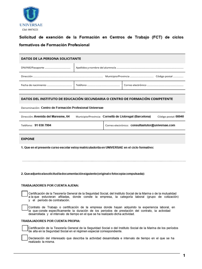 Solicitud de Exención FCT en FP | PDF | Desarrollo profesional