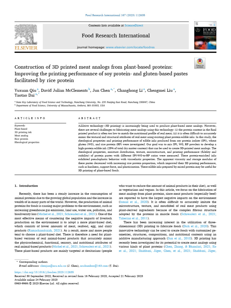 Construction Of 3d Printed Meat Analogs From Plant Based Proteins 5