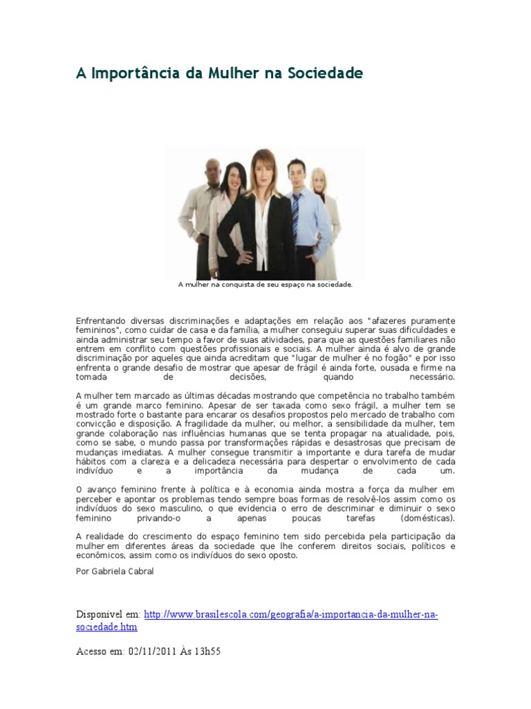 Importância da Mulher na Sociedade Atual | PDF