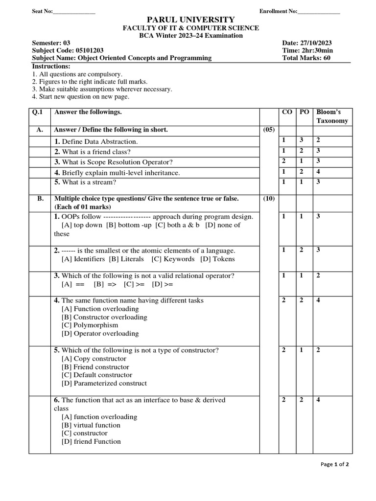 BCA C++ Exam Paper Winter 2023-24 | PDF | C++ | Class (Computer ...