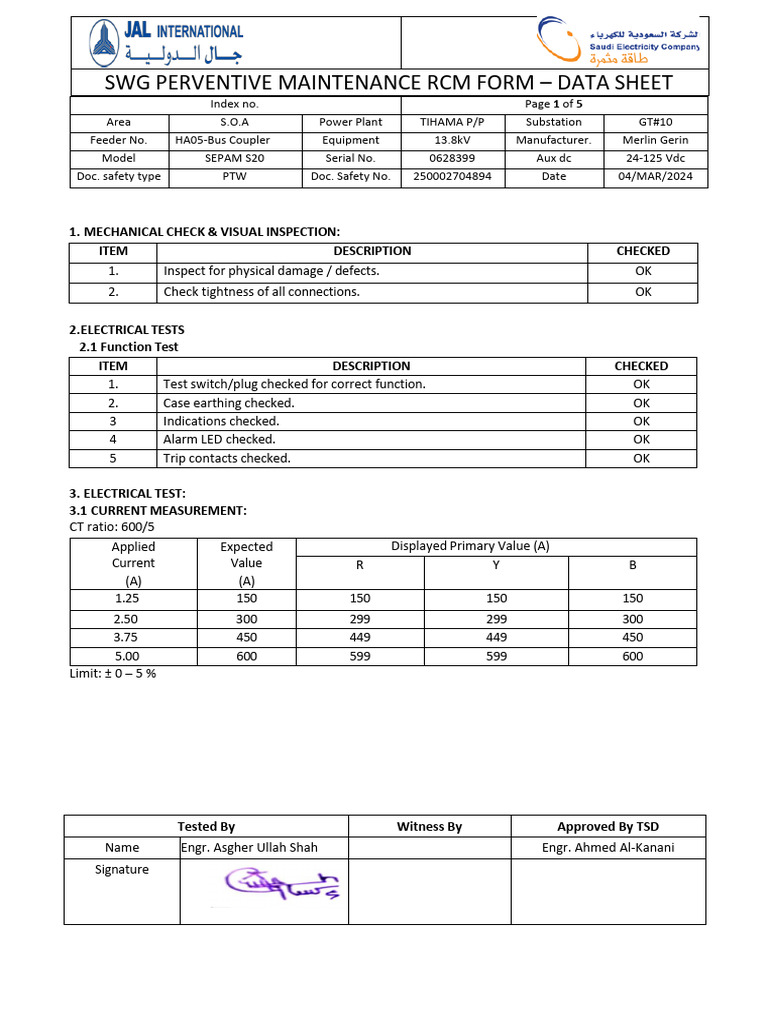 SWG Preventive Maintenance Data Sheet | PDF | Electrical Substation ...