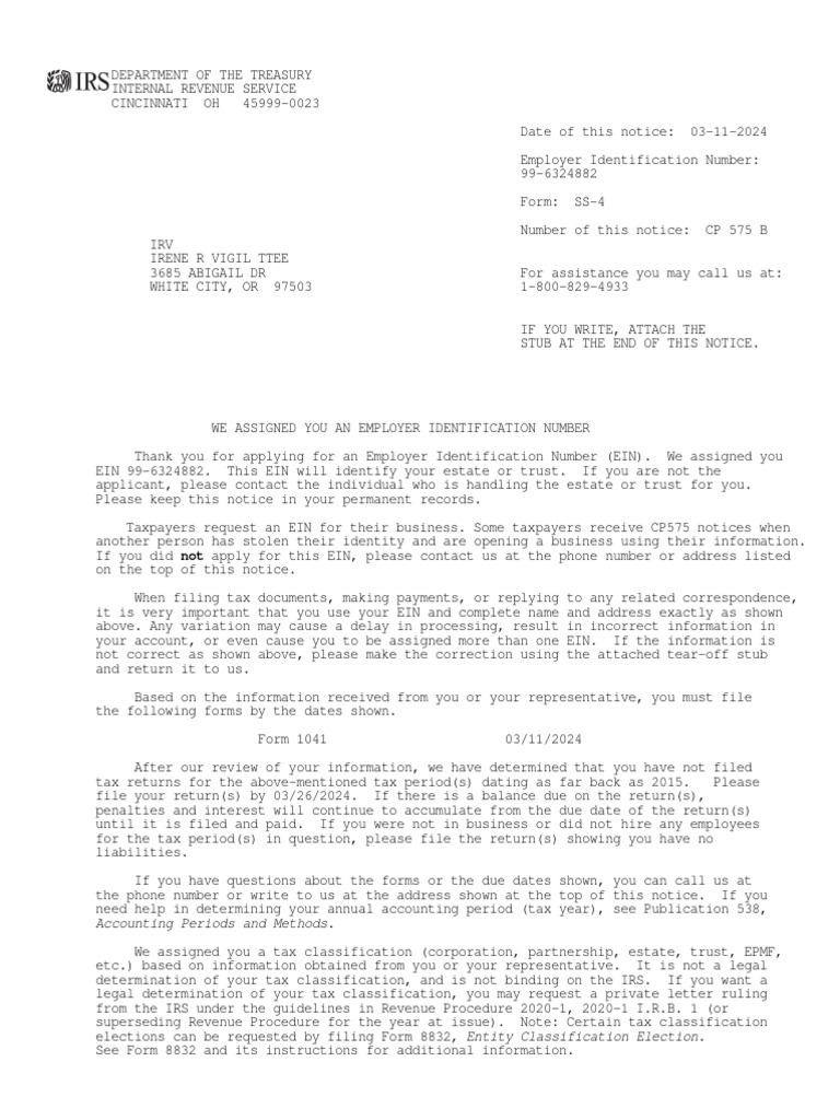 IRS Notice: Employer Identification Number Assigned | PDF | Internal ...