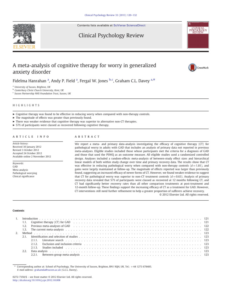 Cognitive Therapy Efficacy for GAD Worry | PDF | Generalized Anxiety ...