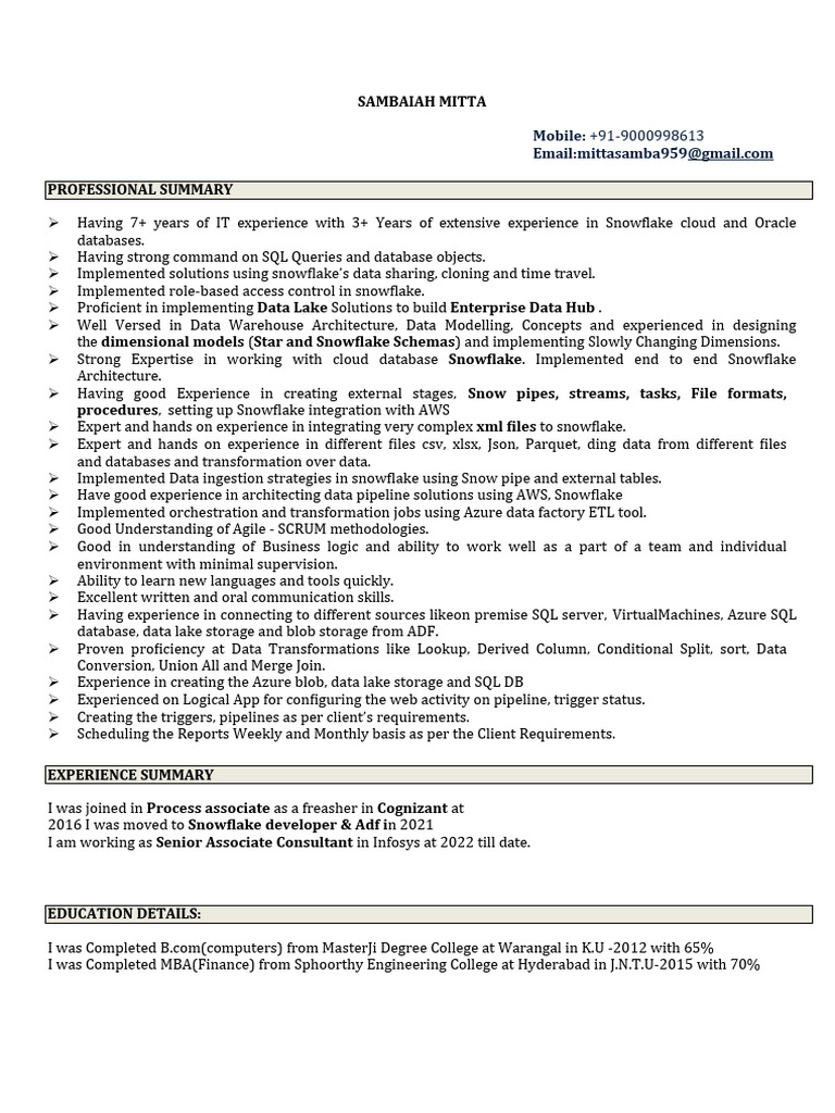 Snowflake & Azure Data Expert Resume | PDF | Data Warehouse | Databases