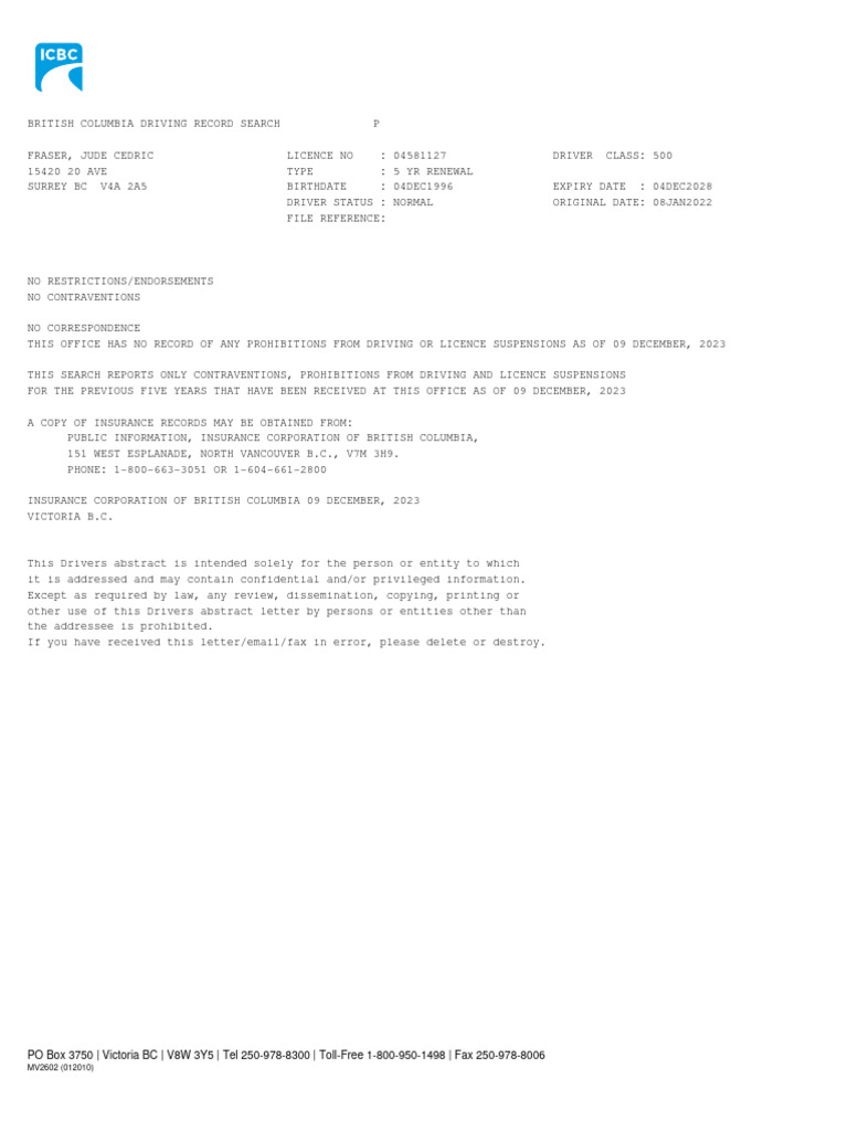 Fraser driving record pdf