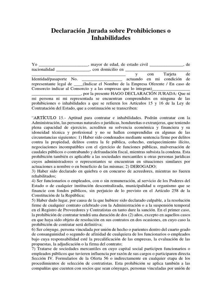 Formato Declaracion Jurada Sobre Prohibiciones o Inhabilidades | PDF ...
